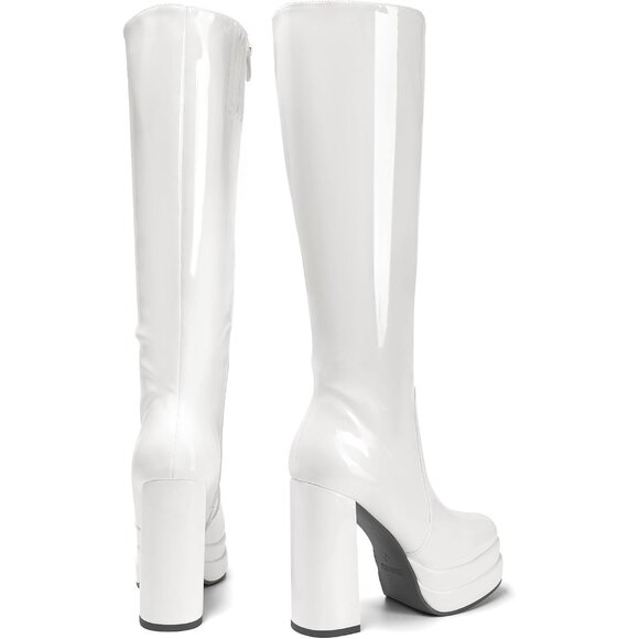 ⚡Women's White pat Faux Leather Platform Heeled Knee High Long Chunky Tall Boot - Picture 3 of 7